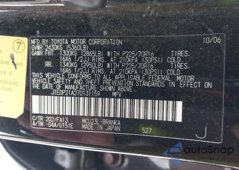 2007 Toyota Highlander V6 z USA, uszkodzony, nr VIN JTEDP21A270132159